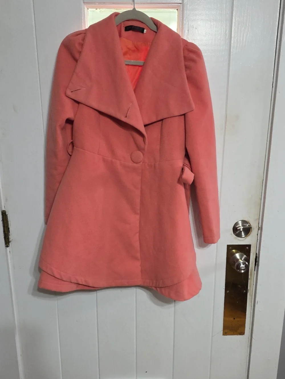 RISE Christian Rise Womens Coat Peach Belted Pockets Buttons Sz L GUC **READ**
